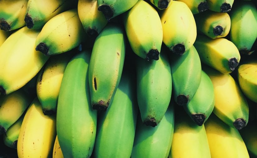 Top view of a big bunch of green and yellow bananas.